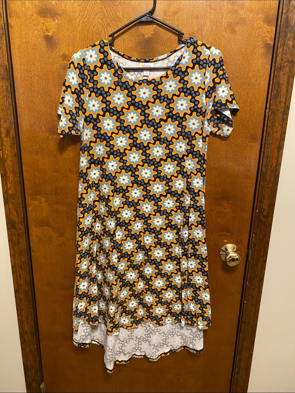 LuLaRoe High Low Dress in Black, White, Light Blue, Gold Floral Pattern